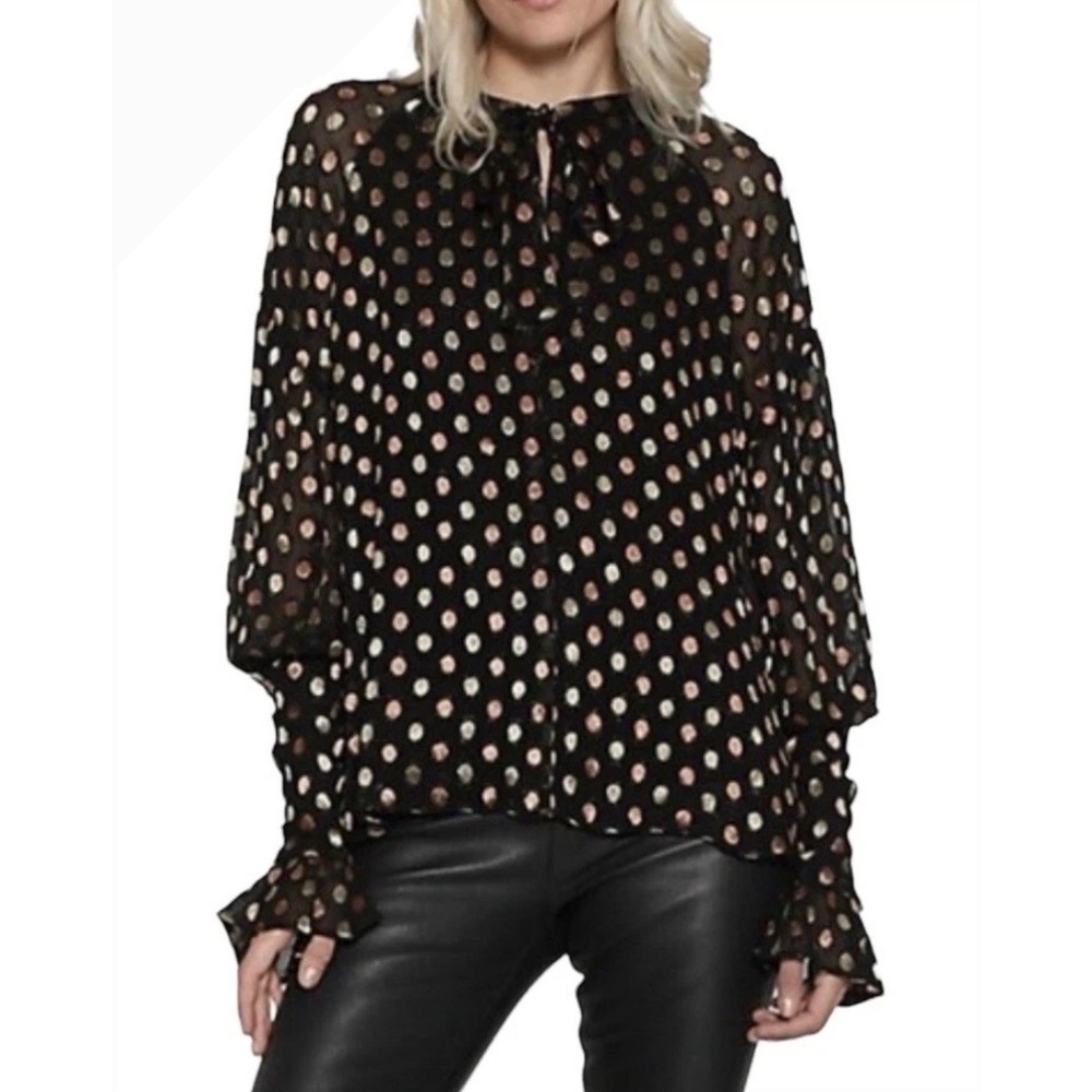 Walter Baker Metallic Polka Dot Blouse Black Gold Rose Gold Tie Neck XS